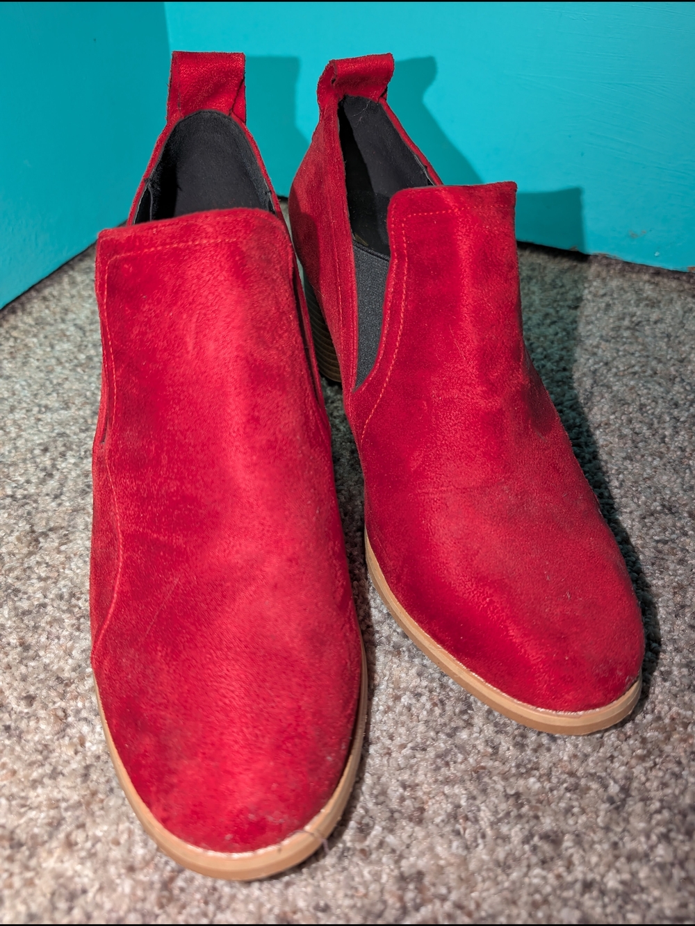 Women's Red Suede Low Heel Slip-On Booties